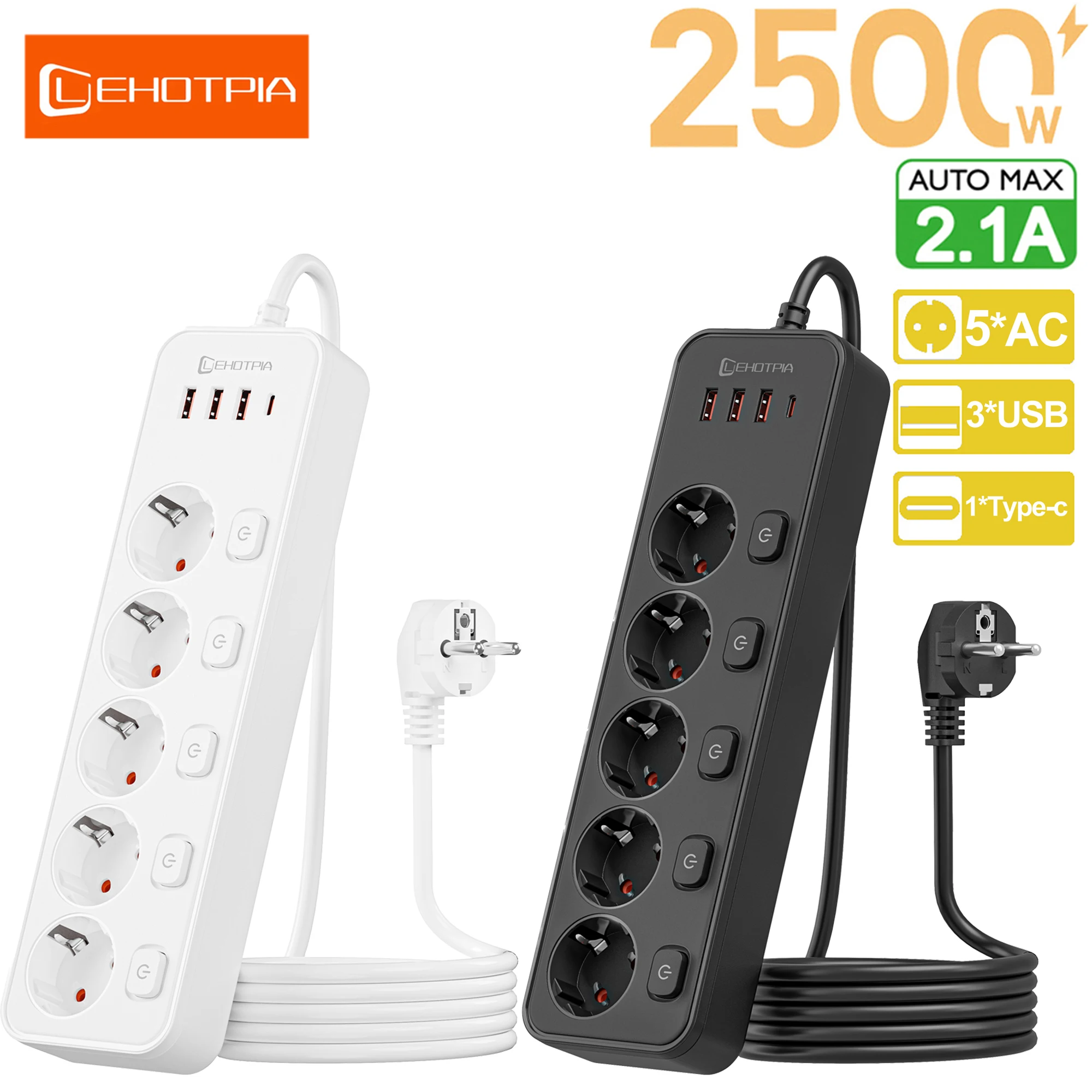 EU Plug AC Power Strip Multitap Independent Switch 1.8m Extension Cord Outlet European Standard With USB Type-C Ports Charging