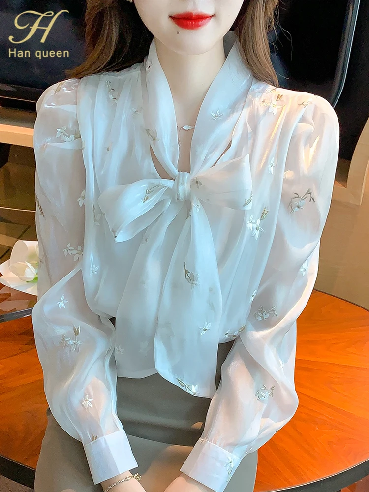 H Han Queen Autumn Puff Sleeve Office Blusas Lace-Up Bow Vintage Embroidery Tops Chiffon Blouses Women Long Sleeve Casual Shirts