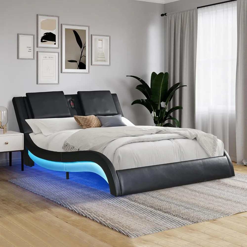 Artificial Leather Padded Bed Frame with LED Lighting, Bluetooth Connection To Play Music, Control Backrest Massage