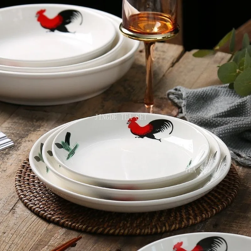 White Ceramic Rooster Pattern Plate Vintage Style Dinner Plates with Red and Black Chicken Print for Home Kitchen Dining