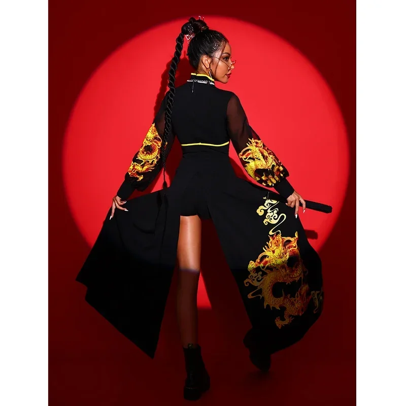 النمط الصيني الهذيان الزي الهيب هوب ملابس النساء جوجو راقصة زي أسود الجاز Dancewear المرحلة زي الحفل Outifts DL8718