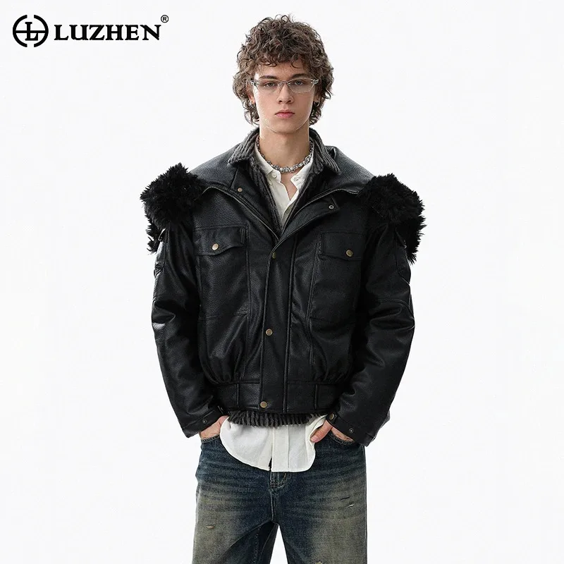 

LUZHEN 2025, новая зимняя оригинальная стеганая кожаная куртка с капюшоном на молнии, мужская модная парка для мотоциклов, пальто JY5396