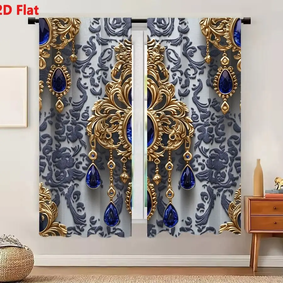 2Pcs Curtains 2D Flat Ornate Gold Filigree With Blue Gemstones On Textured Gray Background Window Drapes for Bedroom Room Decor
