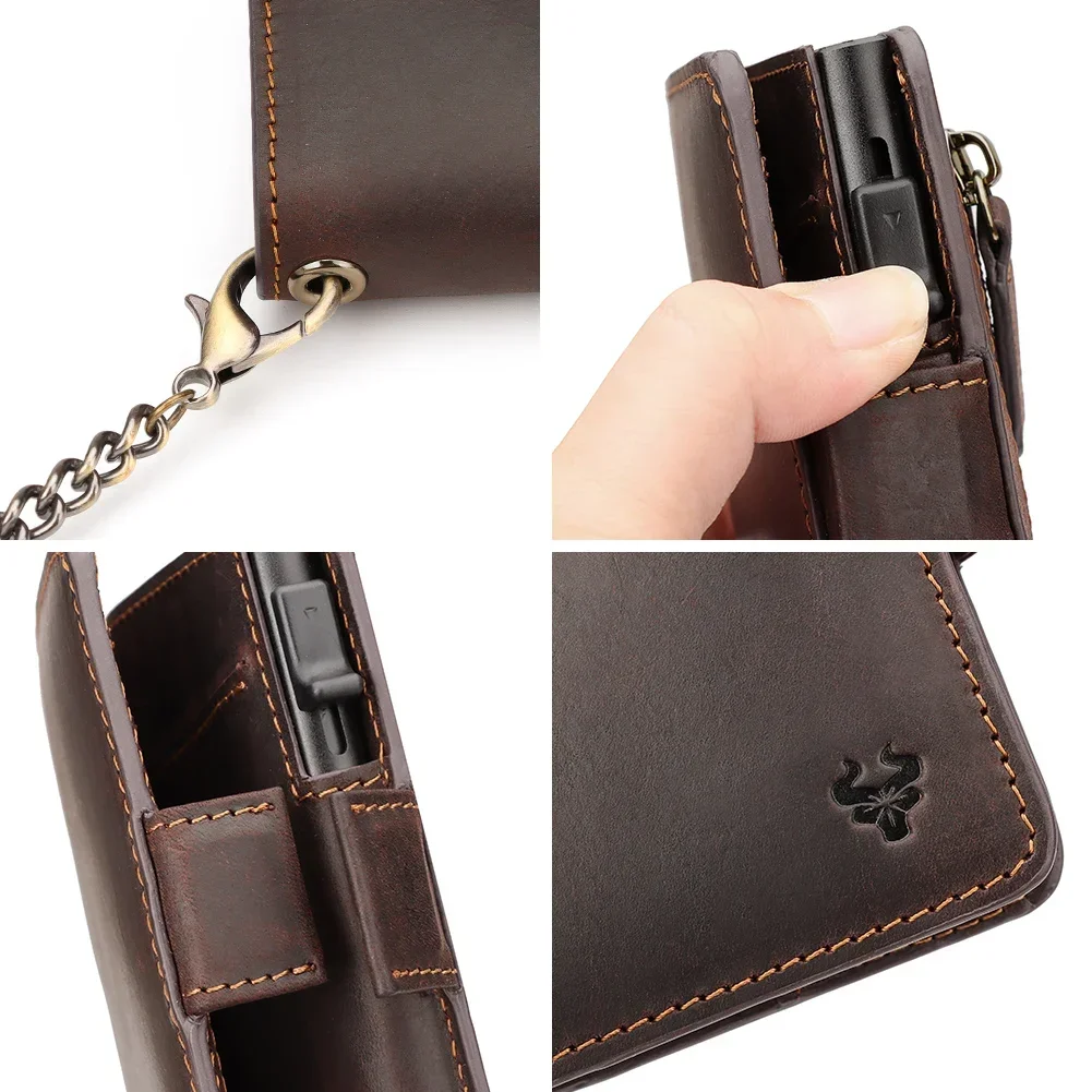 Crazy Horse Leather Card Holder RFID Blocking Card Case Smart Pop-up Cardholder Fashion Men\'s Wallet with Long Anti-theft Chain