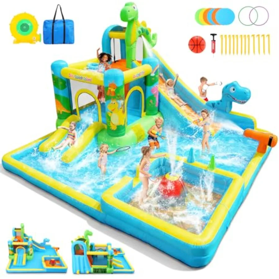 Outdoor backyard inflatable water slide: dinosaur-themed 13-in-1 bounce house for kids 3-12 PVC material blue-green color dual