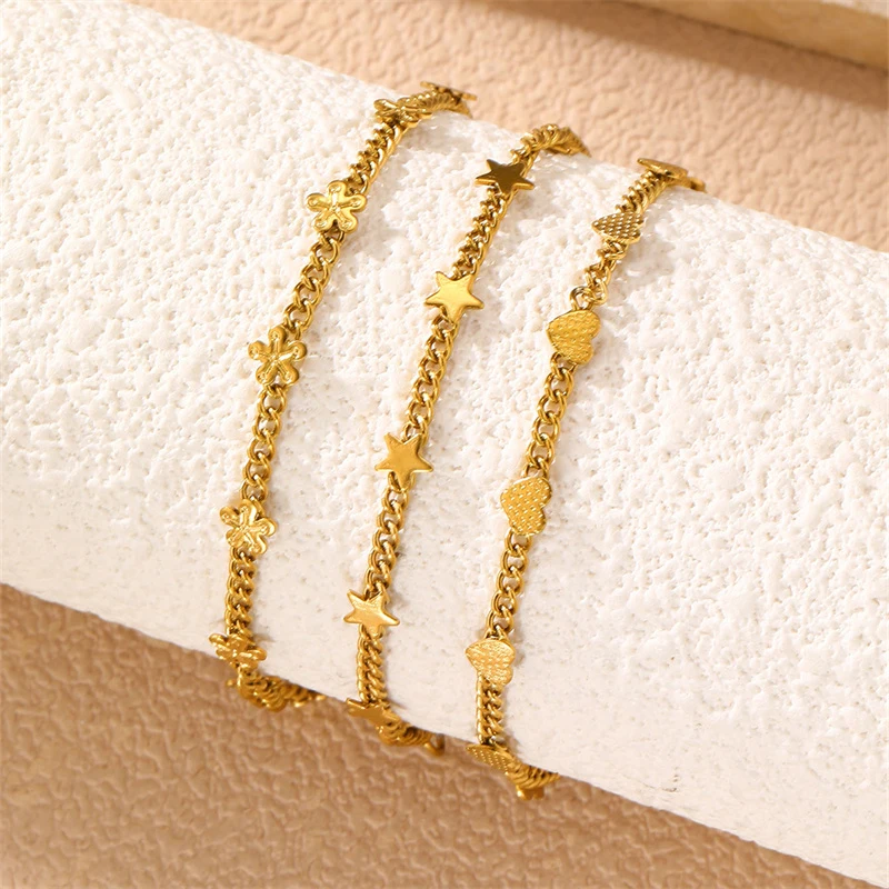1/3pcs/set Gold Heart Flower Star Bracelet – Cute Shaped Metal Links, Trendy Hand Jewelry for Daily Wear.