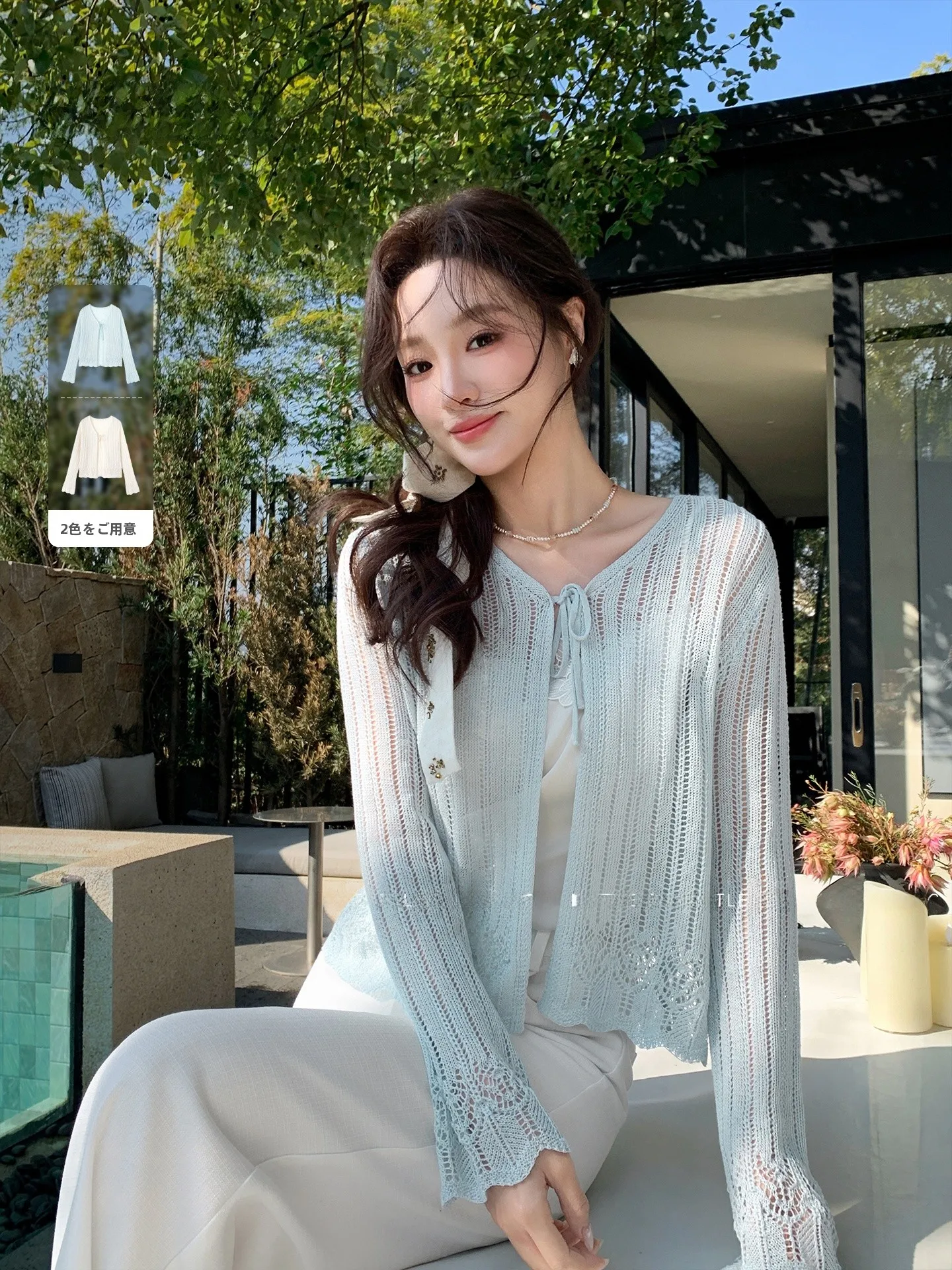 

Ele Sle Long Sve Knitted Open Cardigan Thin Hollow out Belted Women's Soft V-Ne Spring Faion Casual Wear