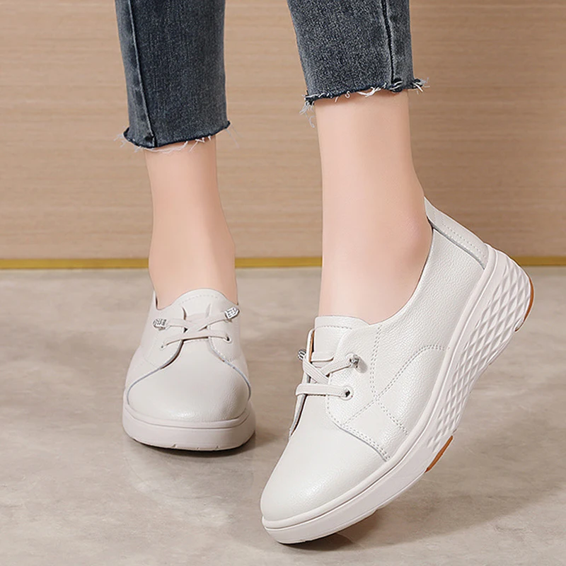 Spring Autumn Women Comfortable White Shoes for Work Thick Heel Platform Genuine Leather Shoes for Woman Nurse Shoes WSH5732 view 2