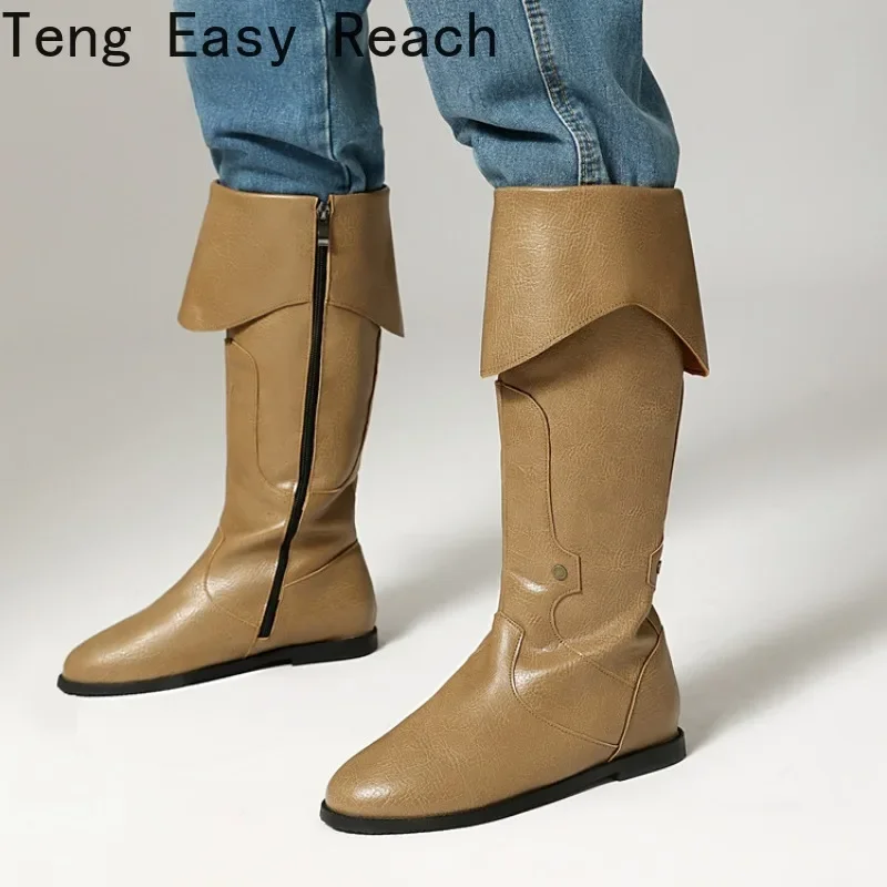 

Mid-Calf Boots Women PU Pleated Boots Female Round Toe Shoes Concise Height Increasing Flat Shoes Autumn Winter 2025 Size34-48