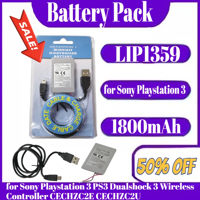 

LIP1359 Rechargeable Battery Pack+USB Cable for Sony3 PS3 Dualshock 3 Wireless Controller CECHZC2E CECHZC2U 1800mAh