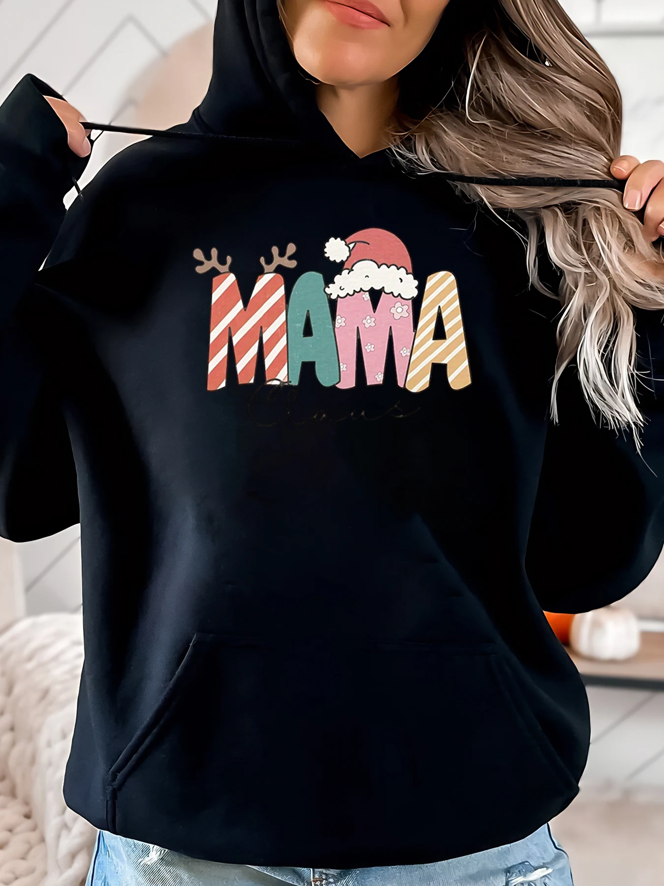Kapuzenpullover mit Weihnachts-Mama-Print für Damen, Urlaub, Freizeitkleidung, Schwarz, Übergröße
