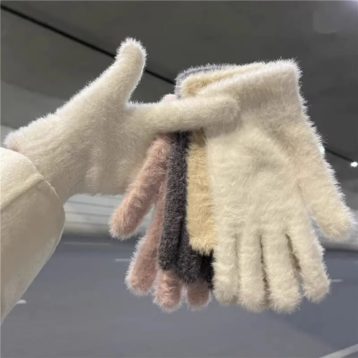 Winter Plush Warm Gloves for Women\'s Black Pink Cute Solid Color Fleece Gloves Mittens