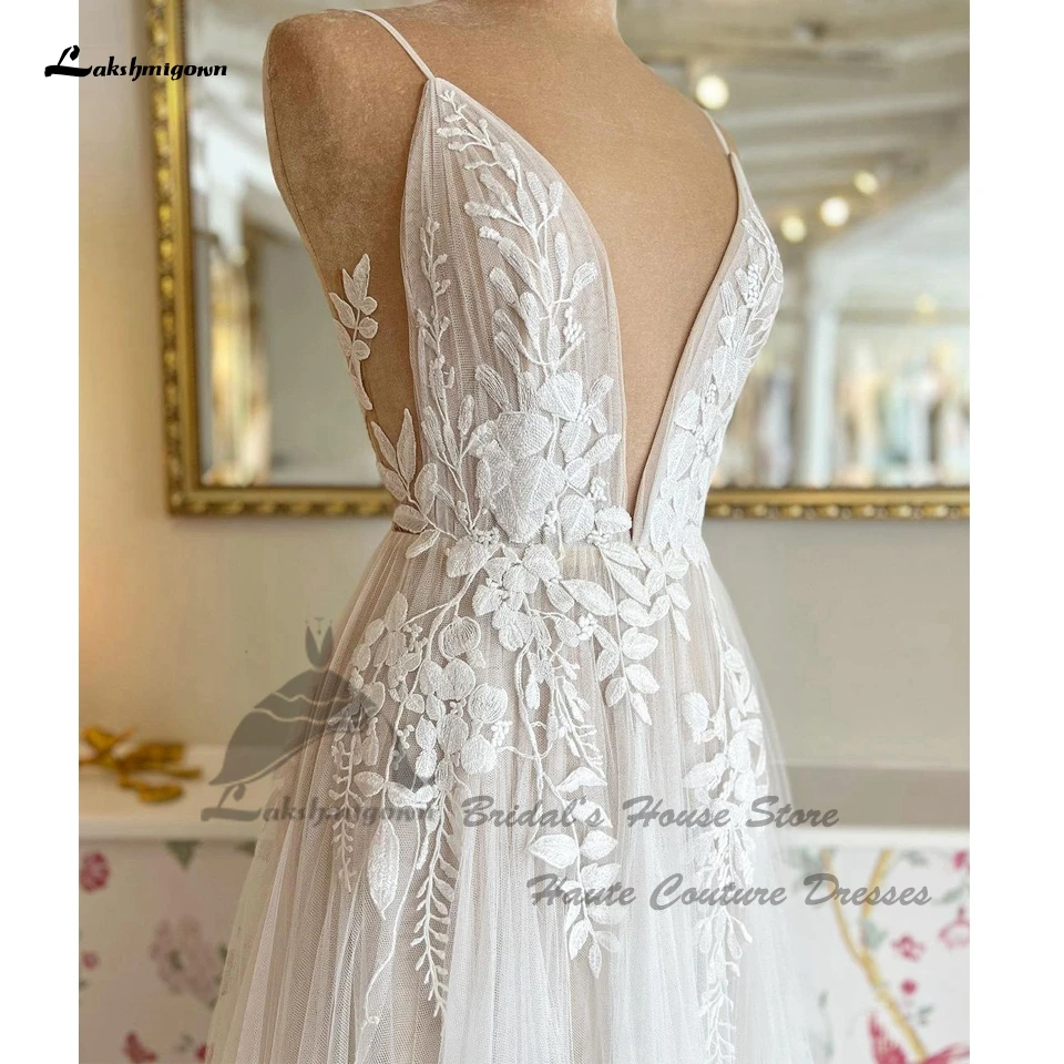 Lakshmigown Bohemian Bridal Dress For Wedding 2024 Sukienki Plunging Champagne Tulle Long Beach Wedding Dresses Open Back