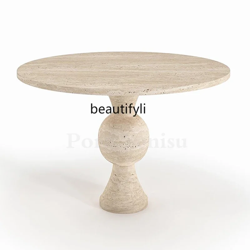 

French medieval natural Roman travertine dining table designer minimalist marble living room round marble table