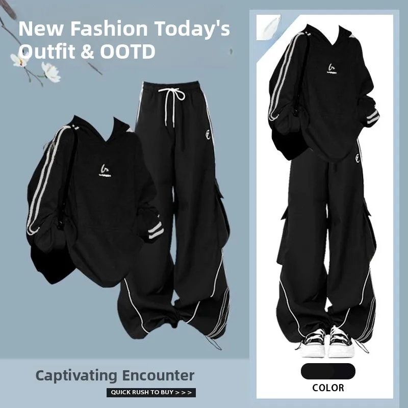 

Bla Loose Sweatirt High Waist Slimming Casual Pants Two-Piece Set Korean Sle Comfortable Breathable Cotton Hoodie