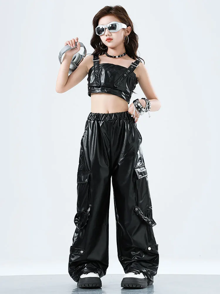Dziecięca odzież Kpop Hip Hop Czarna Krótka Koszulka Tank Top ze Sztucznej Skóry Warstwowa Spódnica Spodnie Cargo Szorty na Ramiączkach dla Dziewczynki Kostium do Tańca Ubrania