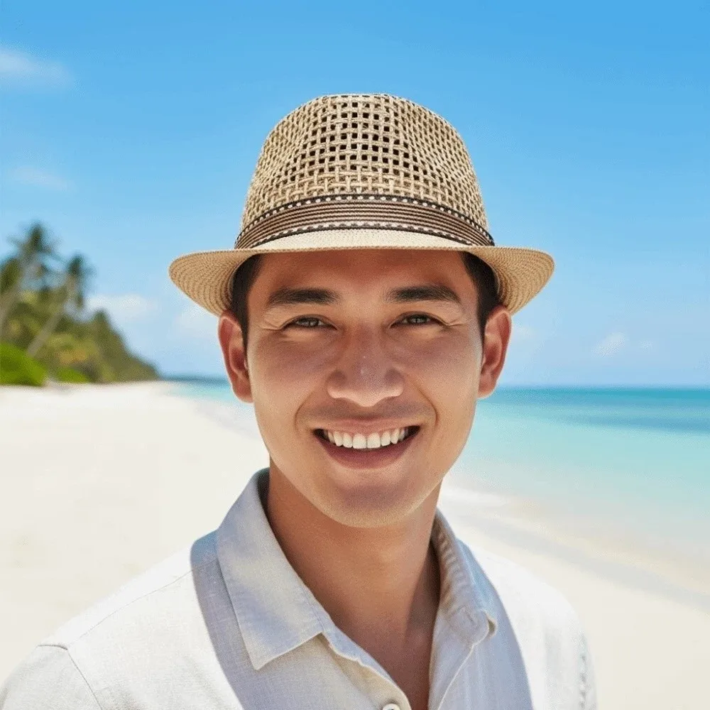 

Sun Cap Short Brim Men Panama Hat Breathable Lightweight Woven Straw Hat Hollow Out Sombrero Vacation Beach Cap Summer