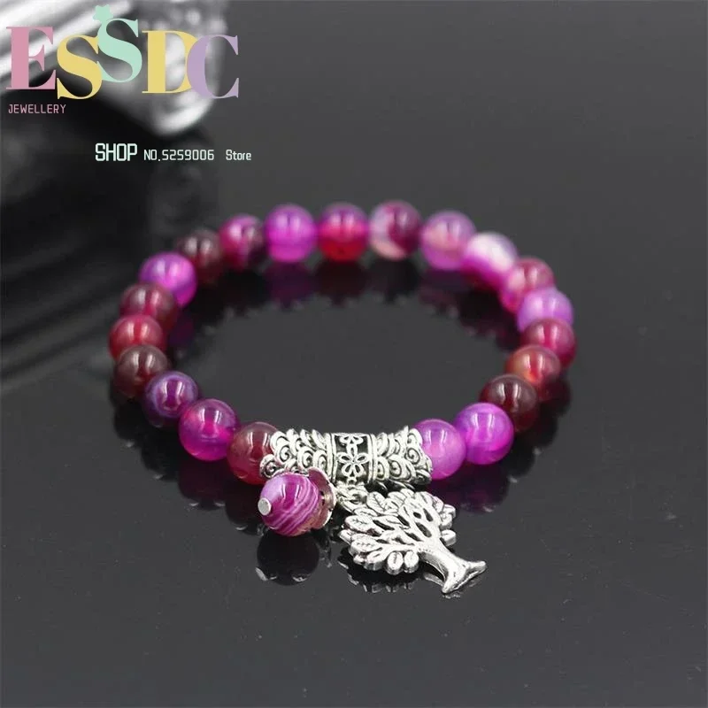 8mm Natural Stone Beads Bracelet Tree Pendant Elastic Rope Energy Purple Onyx Tiger Eye Unisex Jewelry Wholesale