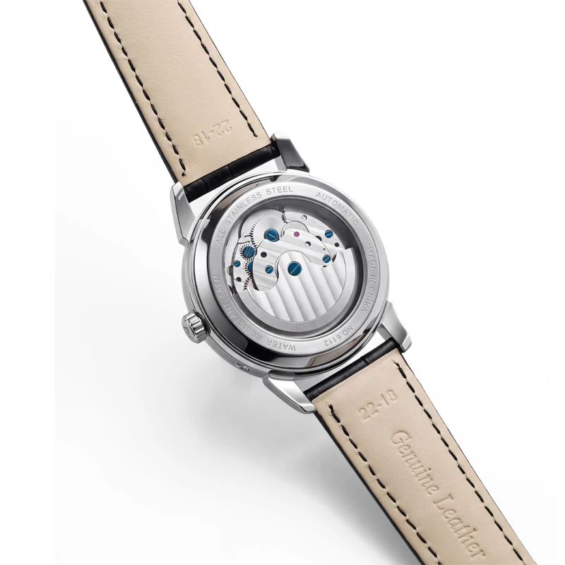 Luxurious Men's Automatic Mechanical Watch, Leather Strap, Elegant Multi-Hand Dial, Moon Phase Display + Power Reserve Indicator, Luminous Hands, Water-Resistant for Everyday Use, Stylish Business Casual Formal Men's W