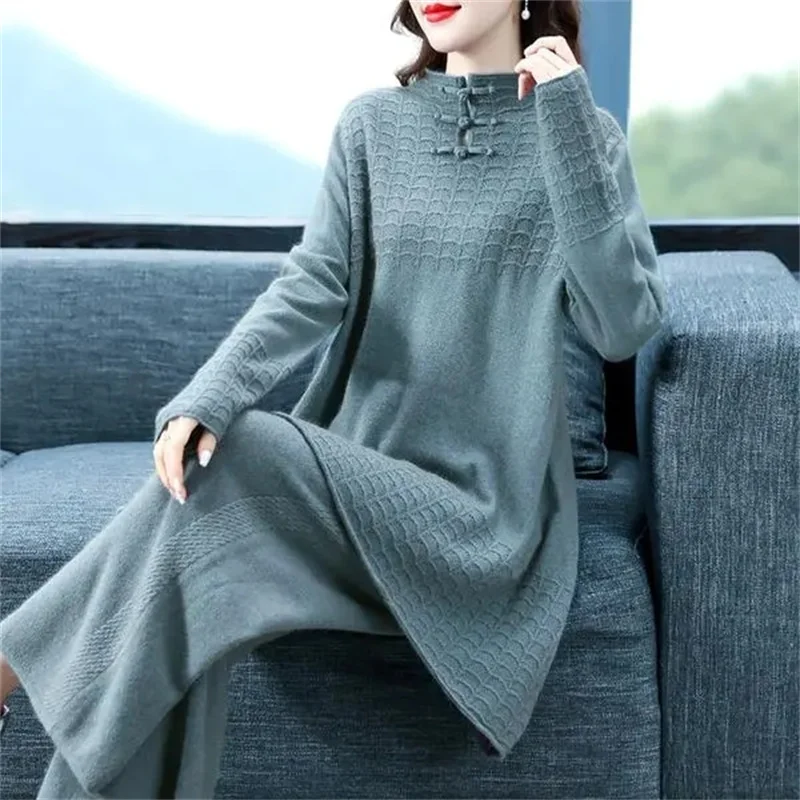 High-Grade Chinese Style Knitted Wide Pants Suit Woman 2024 Spring and Autumn New Sweater Bottoming Cover Belly 2 Piece Set