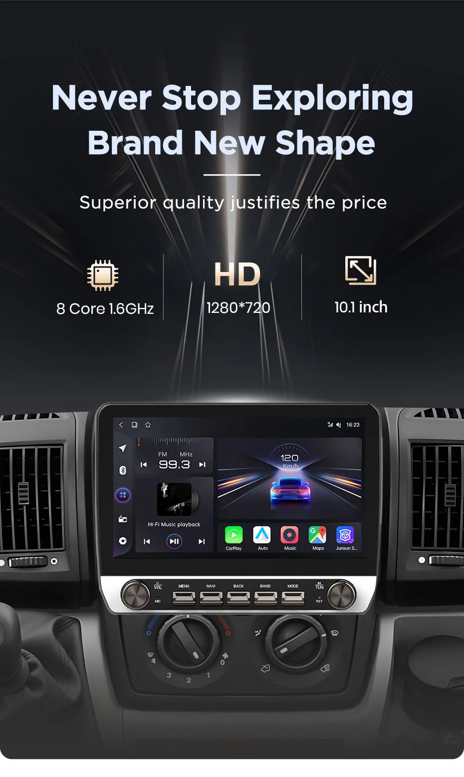 10,1" Autoradio für Fiat Ducato, Peugeot Boxer, Citroen Jumper 2006-2013, kabelloses CarPlay, Android Auto, Headunit, IPS-Touchscreen mit physischen Tasten, DSP, GPS-Navigation, RDS, BT, SWC, Plug-and-Play, 2DIN-Multimedia-Player mit zwei physischen Drehreglern – Detail 5