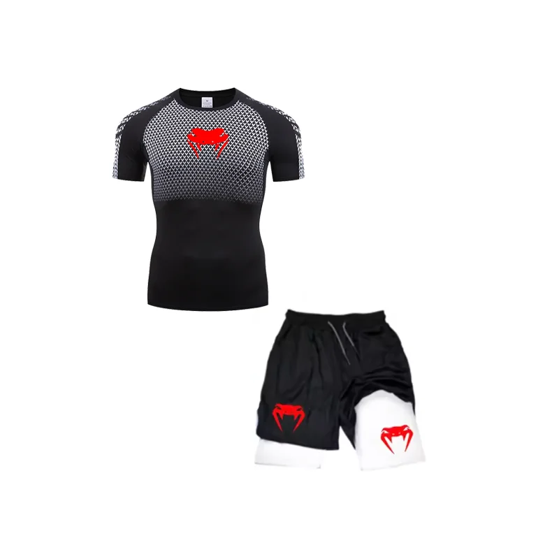 Men's exercise compression collection, Venom-printed gym T-shirts, breathable running shorts, quick-drying sports rash protectio