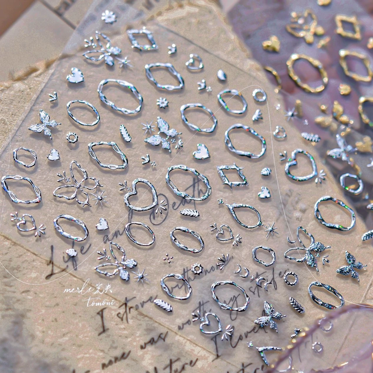 

Geometric Gold Silver Metal Star Love Heart Butterfly Totem Gemstone Photo Frame Clock Planet Moon DIY Nail Art Stickers Decals