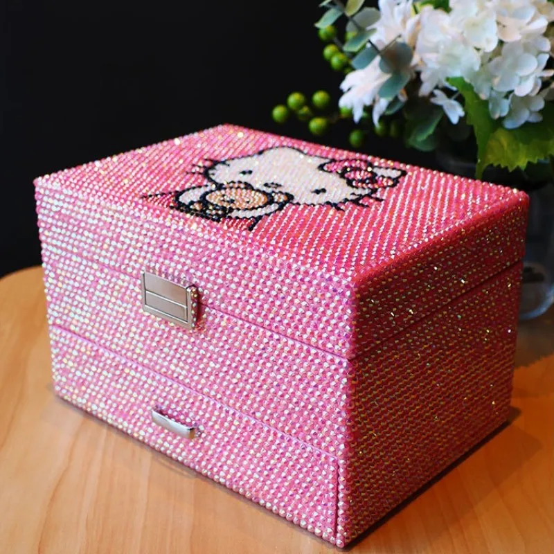 Hello Kitty Multilayer Jewelry Box Wooden Full Diamond Shiny Jewelry Box Lock Storage Box Music Box Anime Cartoon Jewelry Box