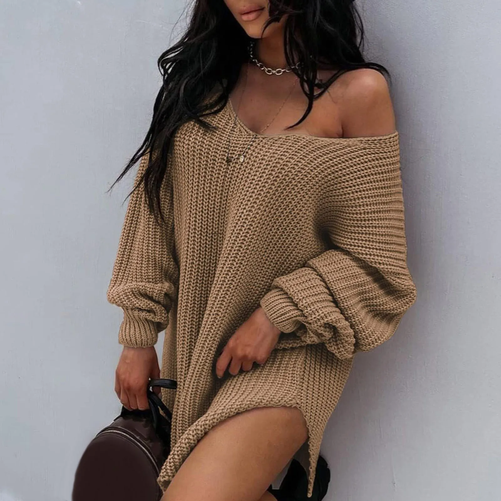 Women Oversize Sweater Solid Color Drop Shoulder Long Sleeves Long Sweater New Knitting V Neck Fashion Sexy Sweater Autumn