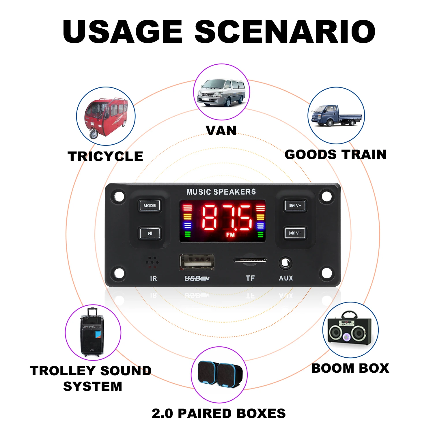 Amplificateur Audio de Voiture USB TF FM Radio AUX Tech Bluetooth 5.0 12V, Carte Décodeur MP3 WMA Lecteur MP3 avec Télécommande, 2x30W 60W