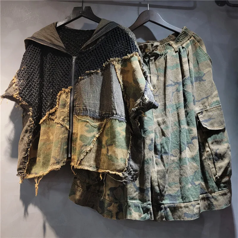 WTHT Trendy Women's Camouflage Spliced Mesh Short Sleeves Zipper Hoodies High Waist Loose Shorts Female 2025 Summer 1LS1983