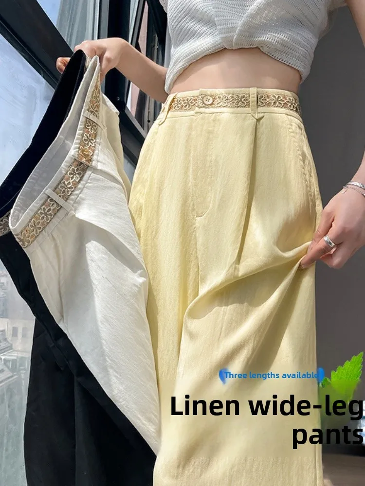 Pantalon léger en coton et lin pour femmes, jambes larges, ample, drapé, coréen, taille haute, coupe droite, été