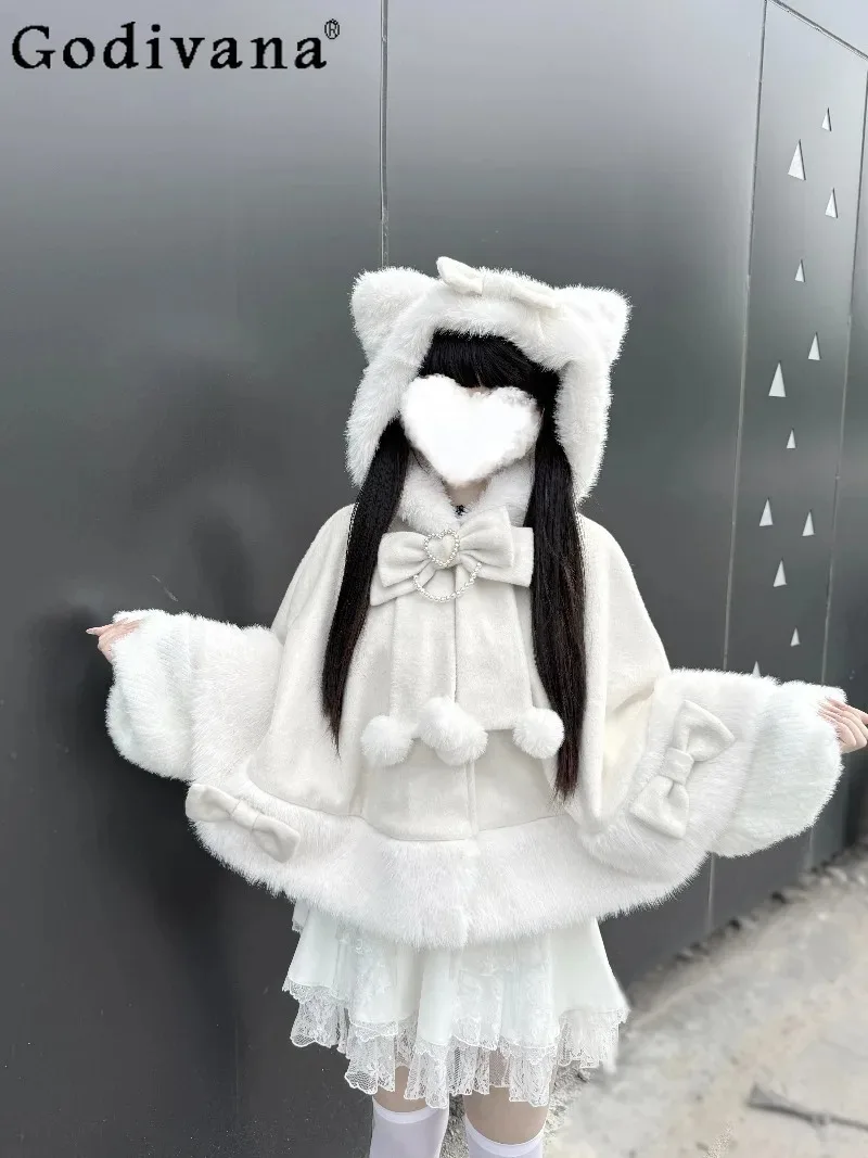 التصميم الأصلي الياباني الإنتاج الضخم الصوف الصوف الكرتون القط الأذن كيب الحلو لطيف فتاة لوليتا الخريف الشتاء معطف دافئ