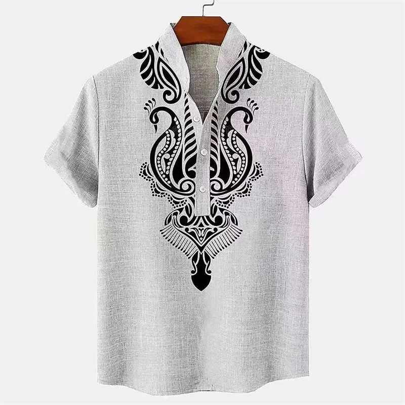 Men's shirt ethnic style 3D printing henley shirt, men's fashion button down collar short sleeve, high quality men's tops