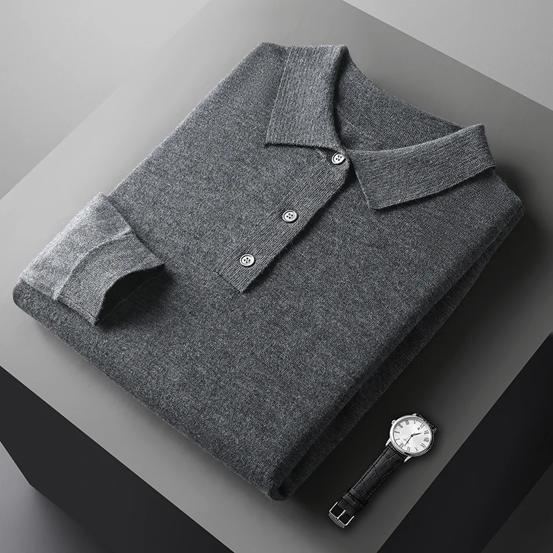 Men's Polo Neck Long-sleeve Shirt Autumn Winter New Merino Fine Imitation Wool High End Business Casual Lapel Knitted Sweater