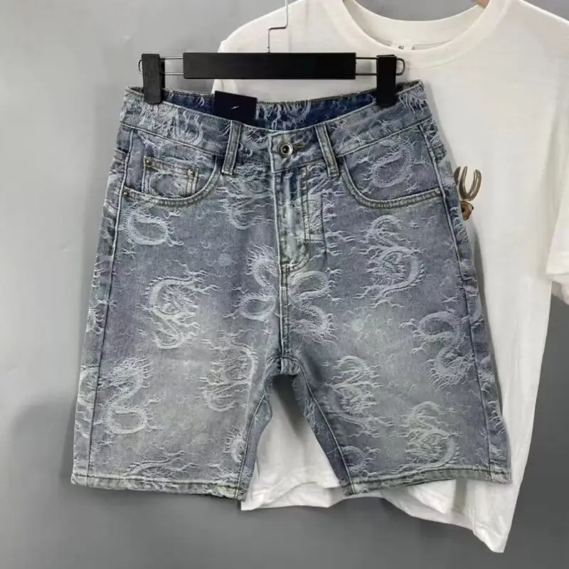 

Summer Thin Loose Straight Dragon Embroidery Men's Jeans orts Casual Trendy Brand Youth ular Five-Point Pants