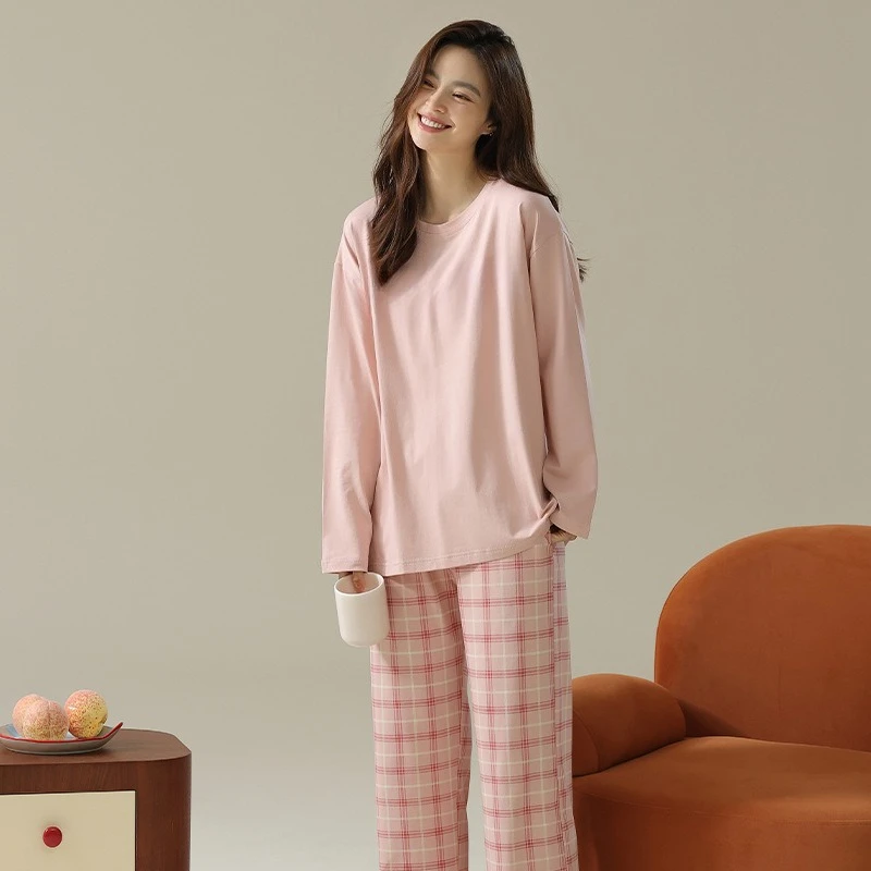 

Antibacterial Spring and Autumn Pure Cotton Pajamas Women's Pull-up Cotton Long-sleeved Round Neck Casual Loungewear Set