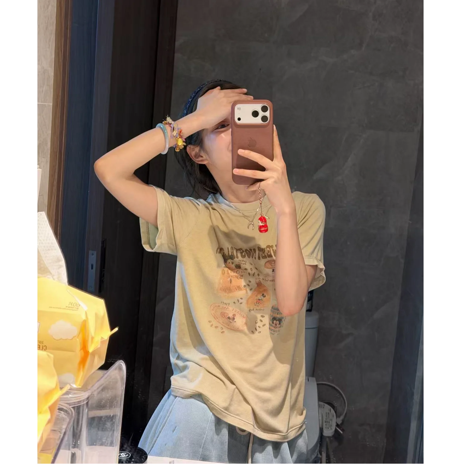 

Breakfast Party Short Sleeve T-Shirt Women's round Neck Shoulder Length Korean Style Standard Fit Cotton 70% Lyocell 30%