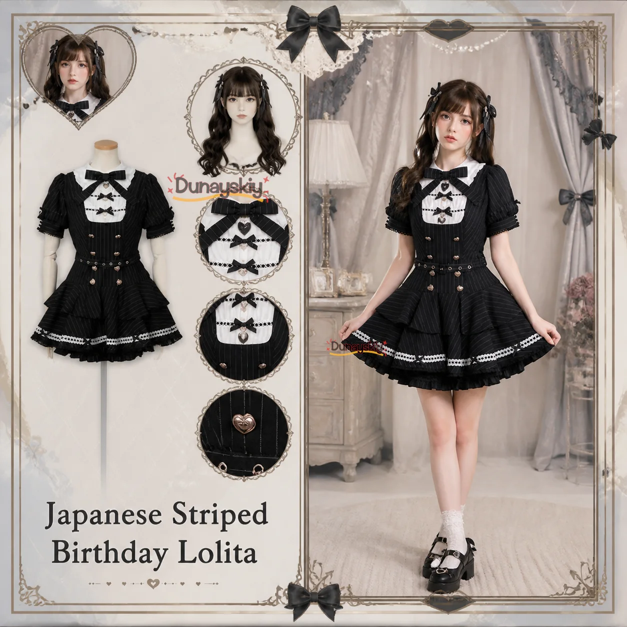 Vestido Lolita Japonés a Rayas para Cumpleaños, con Lazo de Pedrería a Cuadros, Manga Corta, Estilo Camisa con Botones, para Halloween, Kawaii, Gótico, YK, con Shorts y Estilo Pastel