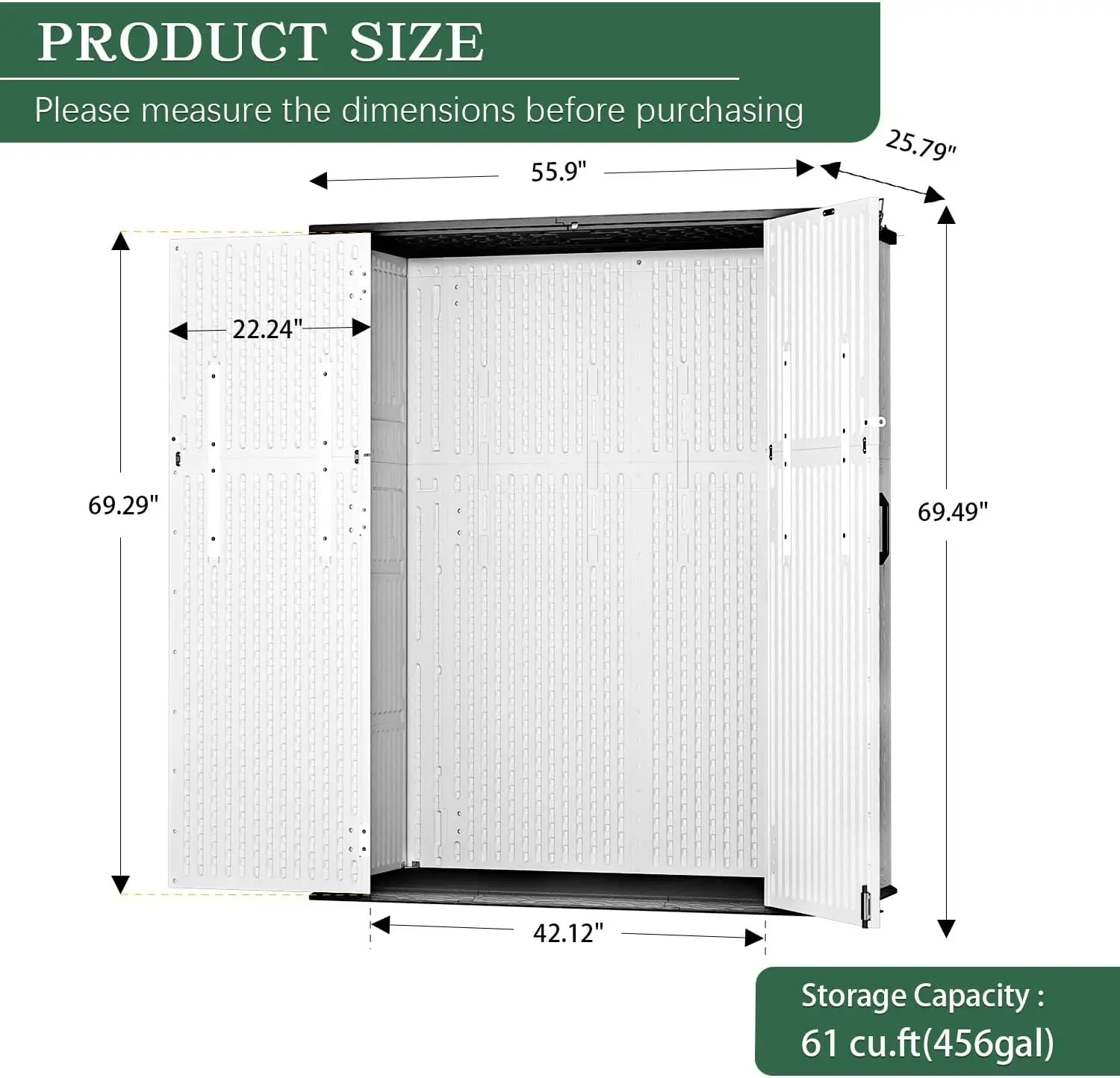 61 Cu.Ft Outdoor Storage Shed, Resin Waterproof Storage Cabinet, Large Deck Box with Smooth-Opening Lid, UV Resistant & Windproof for Patio Garden, Without Shelving Kit