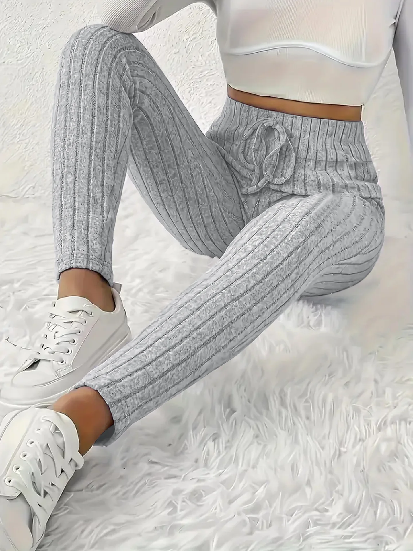 Women's Ribbed High-Waisted Leggings Tie-Up Casual Pants Warm Comfortable Slim-Fit Cropped Pants for Home