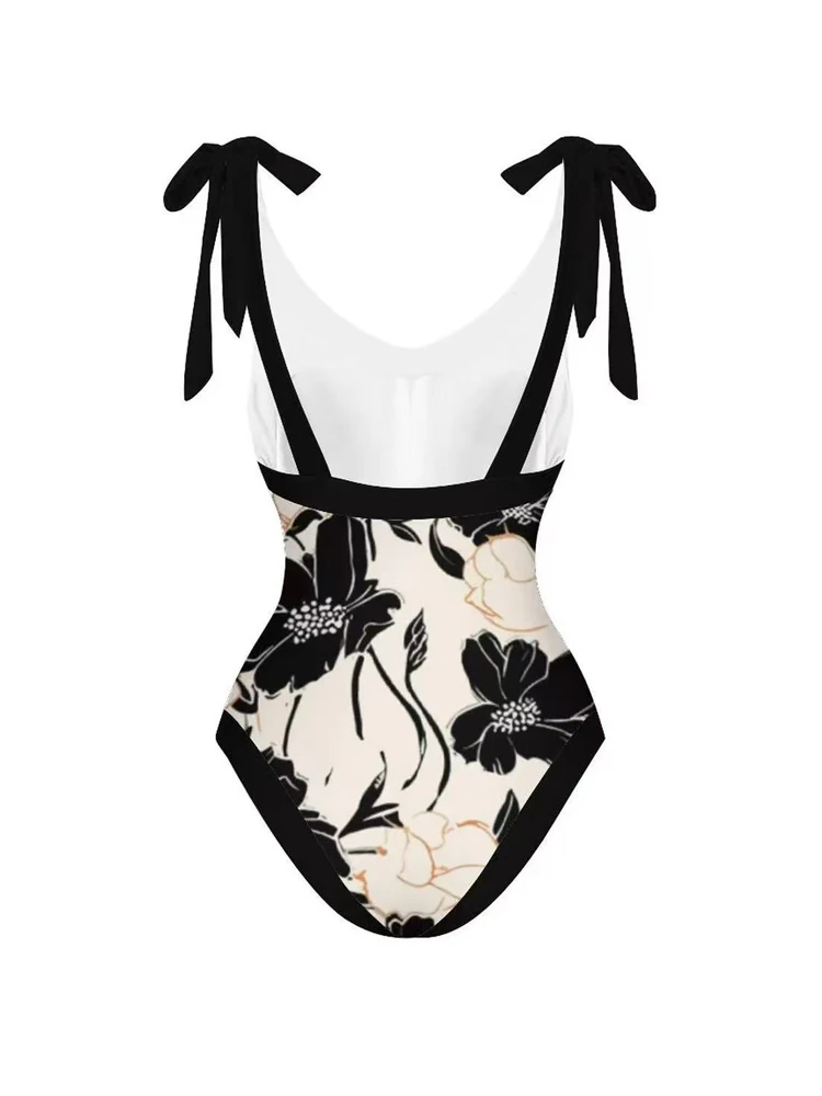 Black Printed V-neck Woman Swimsuits Sexy Backless Lace Up Swimwear 2024 Women One Piece Bikini with Mesh Beach Cover Up Skirt