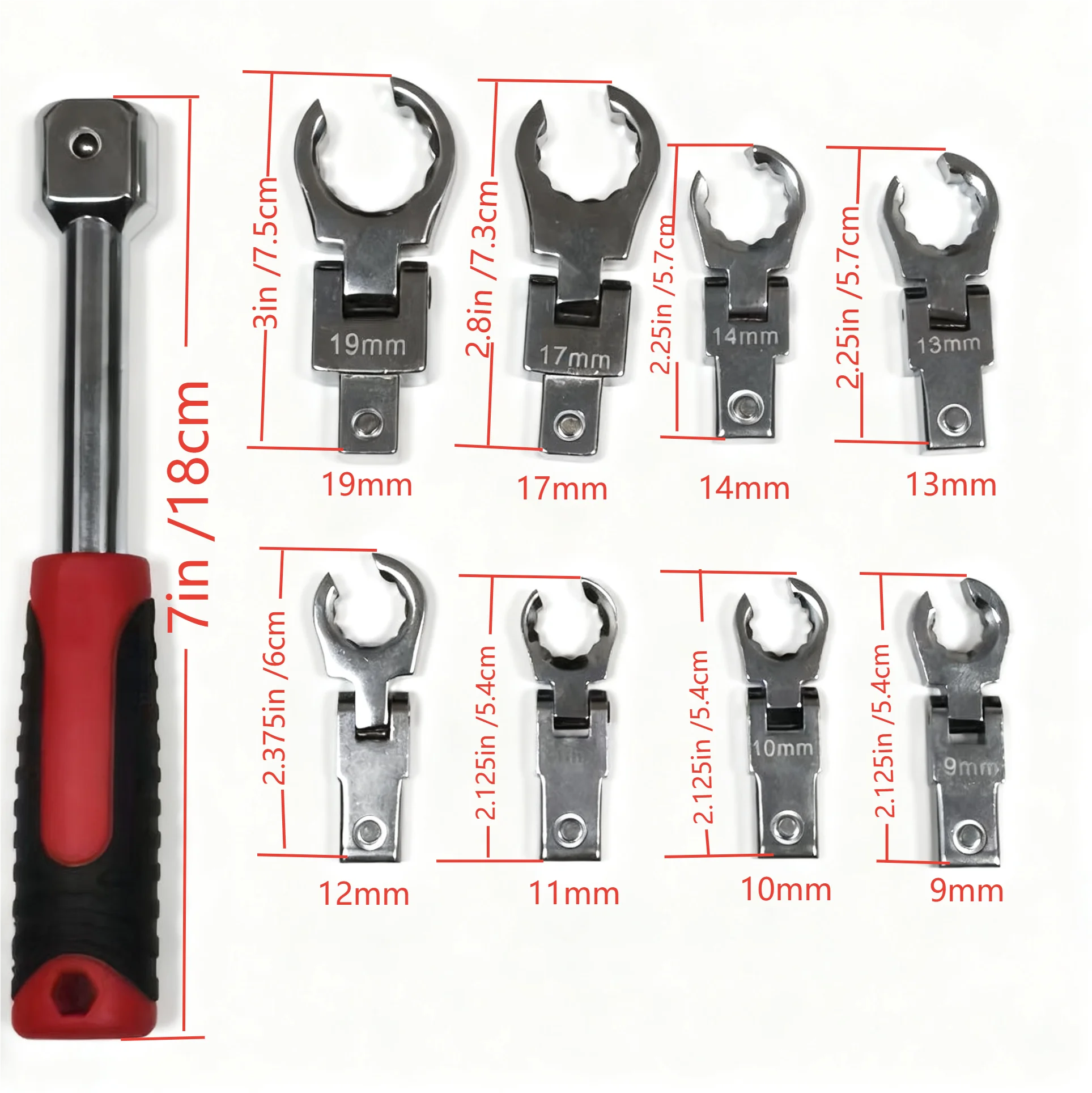 Set combinato di chiavi per tubi dell'olio a cricchetto con testa intercambiabile da 9 pezzi 180 °   Girevole Staccabile e Metrico 9-19MM 9 Pezzi