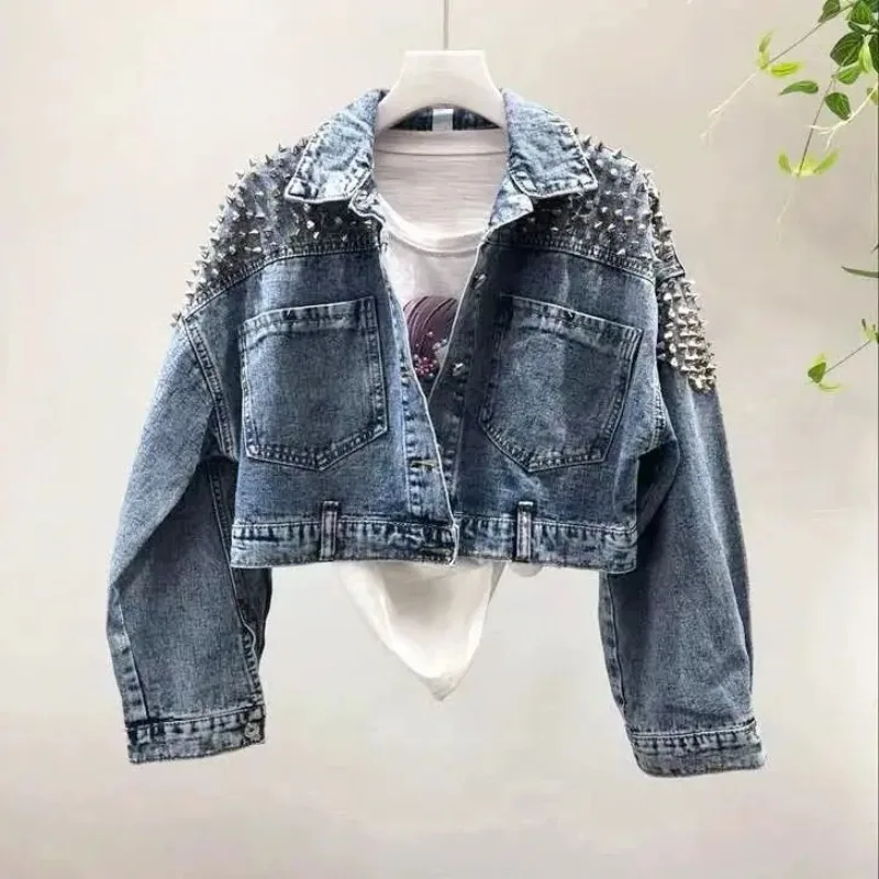 Spring Women Rivets Denim Jacket Diamonds Beaded Short Washed Jeans Coat Long Lantern Sleeve Double Pockets Cowboy Cardigan Tops