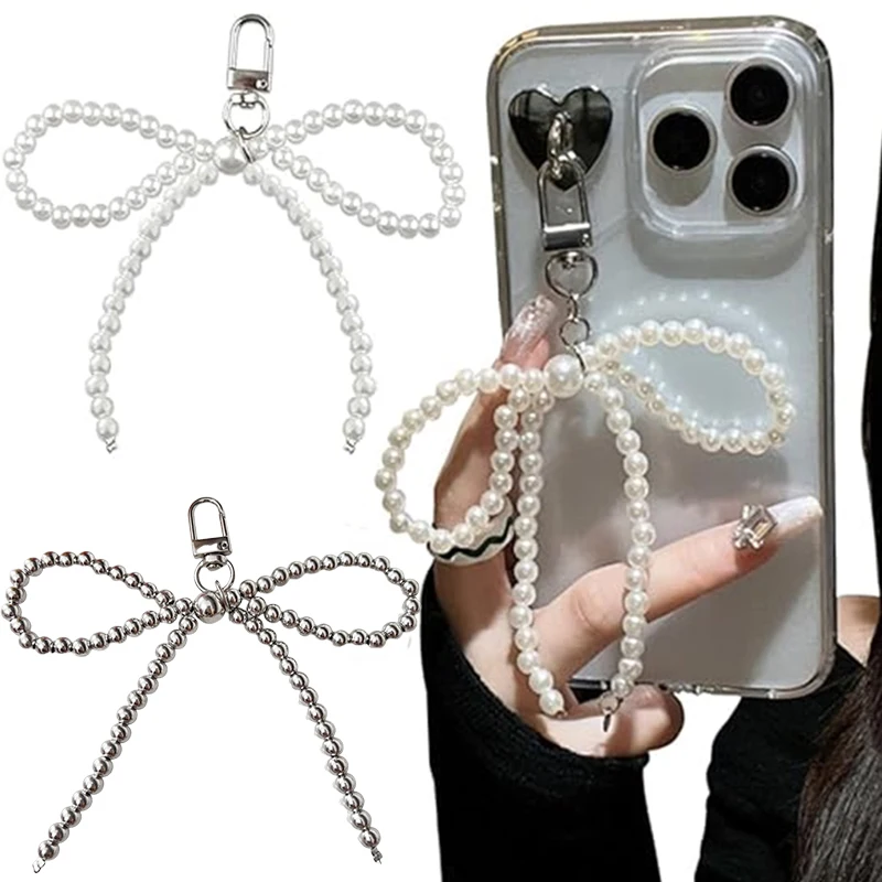 LLavero de corazón con lazo blanco para mujer, cadena Universal para teléfono, dulce encanto, mochila con lazo de perlas, llavero para Iphone 15Pro, Samsung y Xiaomi