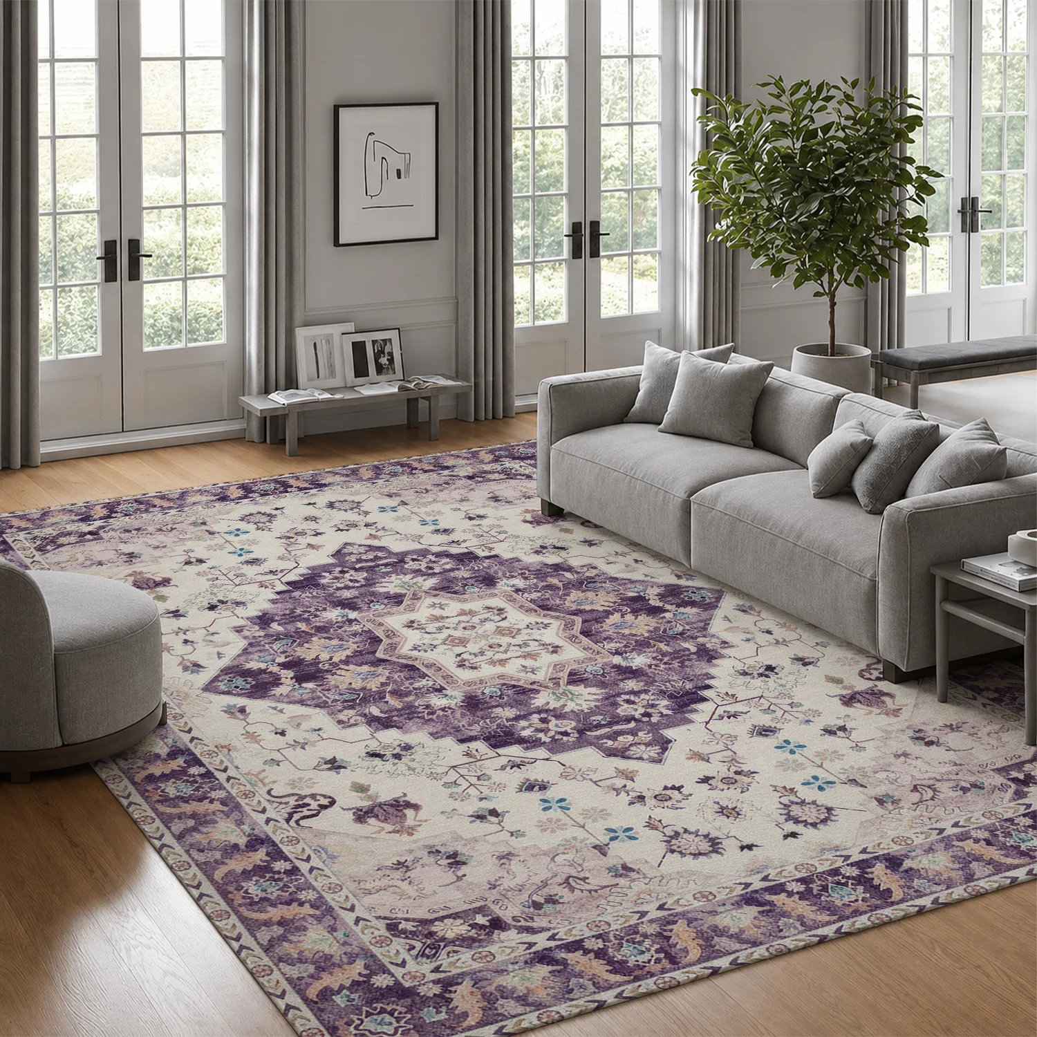 Large Indoor Area Rug, Soft Velvet Low Pile Rug with Non-slip Dotted Backing, Machine Washable Vintage Oriental Medallion Floor Rug for Living Room Bedroom, Purple Cream Distressed Traditional Area Rug