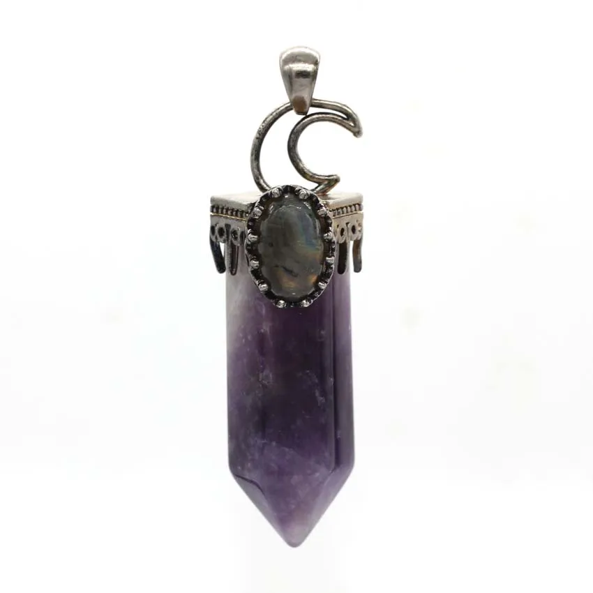 Natürlicher Amethyst Rose Quarz Kristall Lapislazuli Labradorit Sechseck Mond schwarz Achat Tigerauge Stein Anhänger Schmuck für Frauen