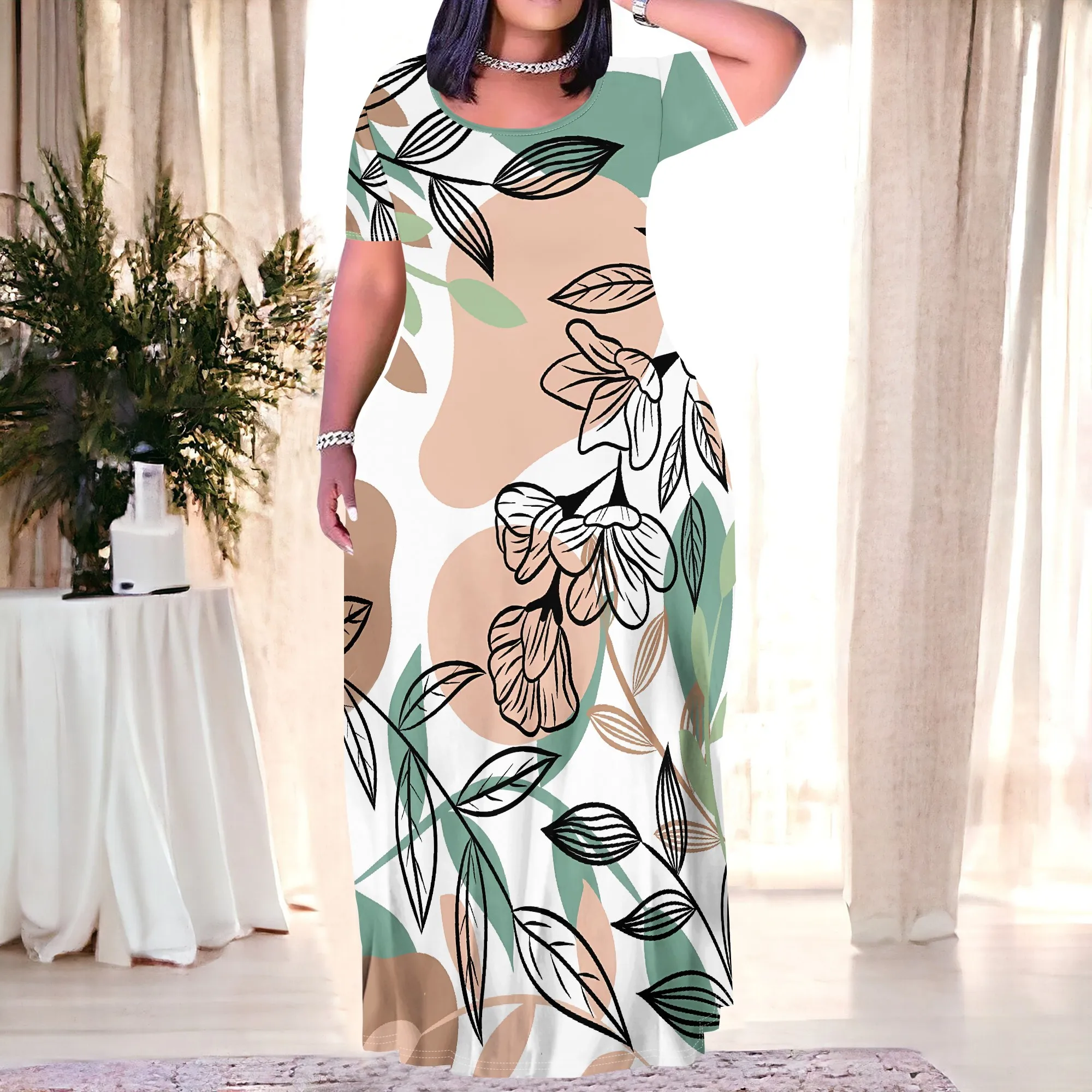 

Nupusa Plus Size Botanical Print Maxi Dress for Women Short Sleeve Round Neck Casual Long Dress