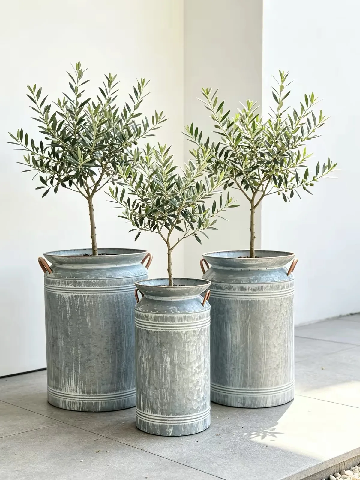 Set of 3 Vintage Galvanized Metal Milk Can Planters, Rustic Tall Tin Flower Vase Buckets with Handles for Farmhouse Garden Home