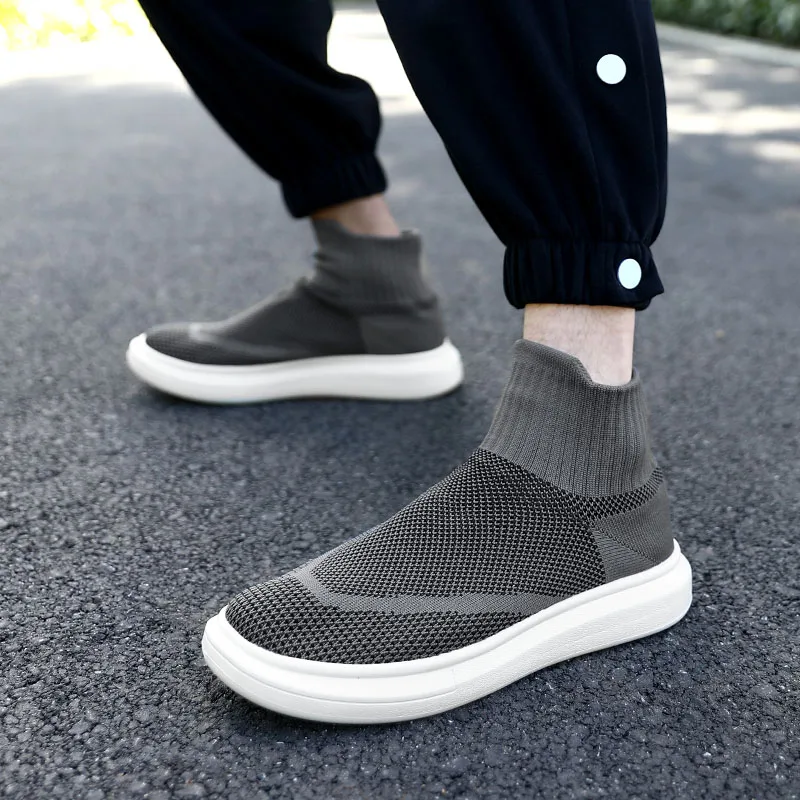 

Grey Plushed Couple Sock Shoes Plus Size 36-46 High Top Knit Sneaker Men Women Casual Sneakers Slip-on Chunky Sneakers for Men